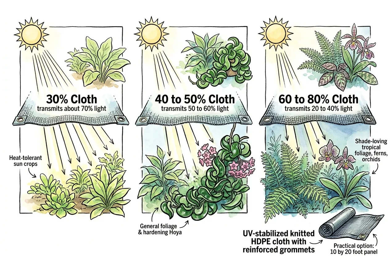 Shade cloth densities filtering different amounts of sunlight to a plant