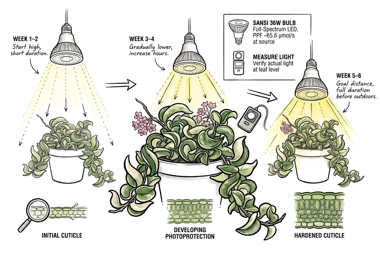 Hoya under a full-spectrum grow bulb raised over several weeks