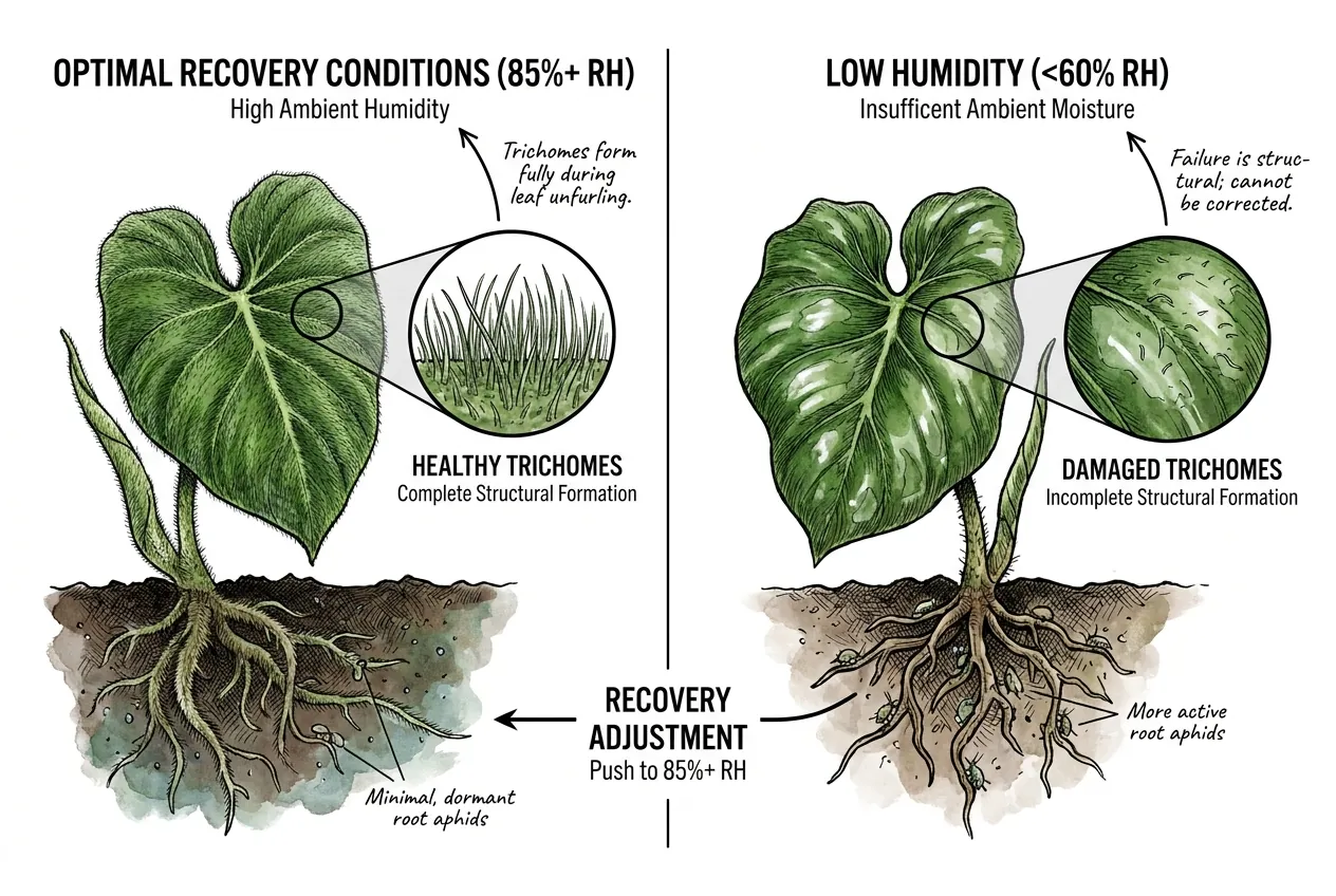 Cloud forest microclimate around a verrucosum with humidity gauge at 85 percent.