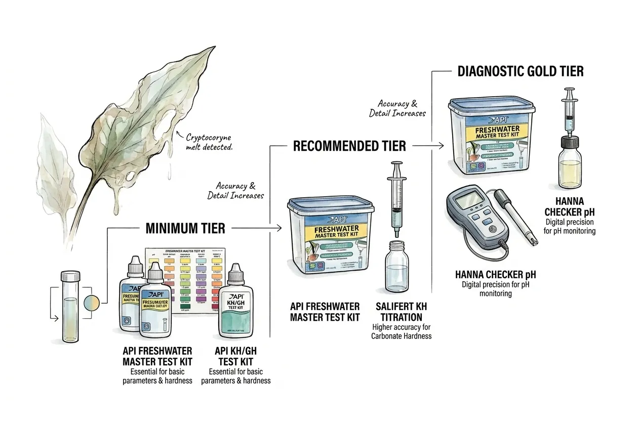 API Freshwater Master kit and Salifert KH titration kit on a workbench