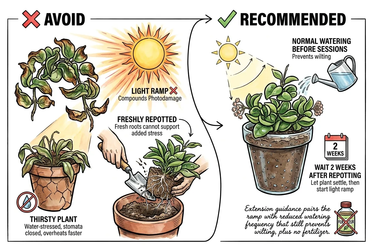 Wilted thirsty plant and freshly repotted plant marked as not ready