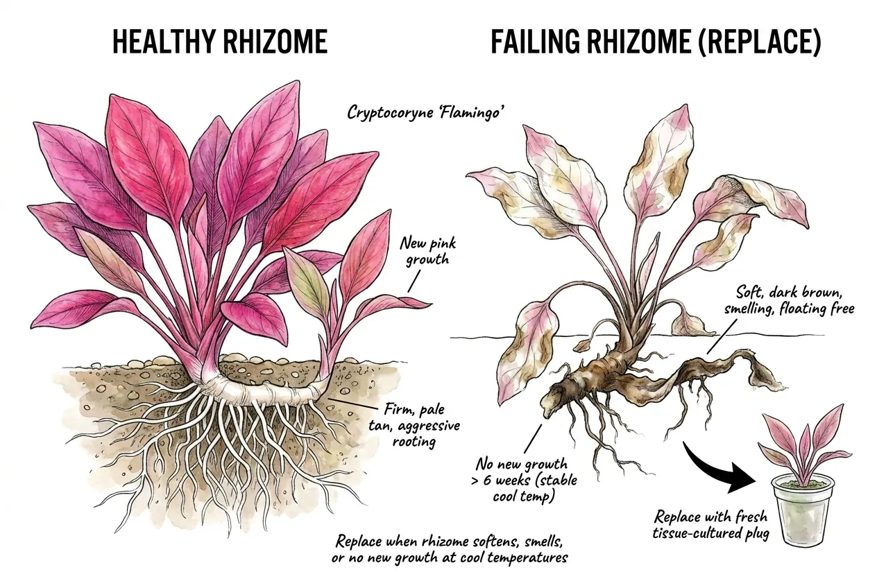 Healthy firm Cryptocoryne rhizome compared to soft browning failed rhizome