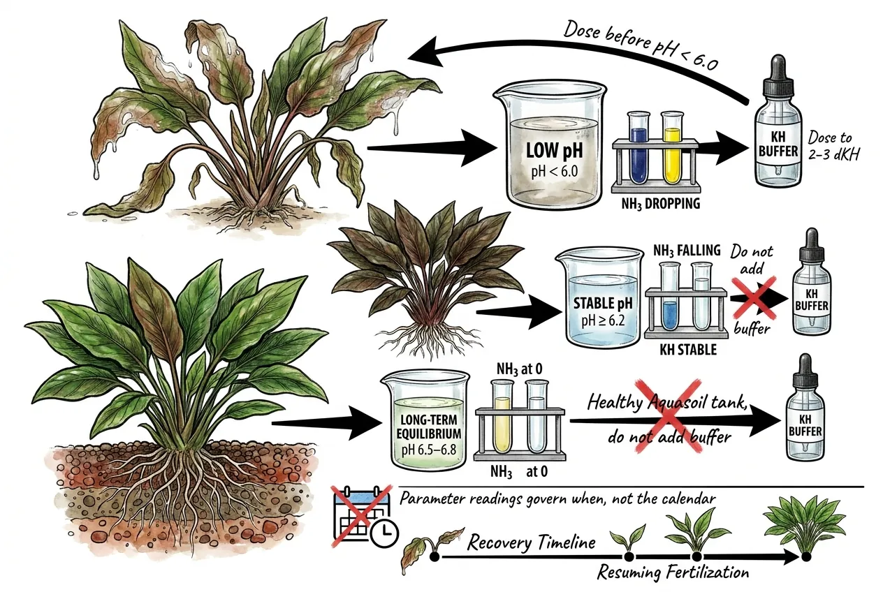 Decision flow chart for dosing KH buffer based on pH and ammonia readings