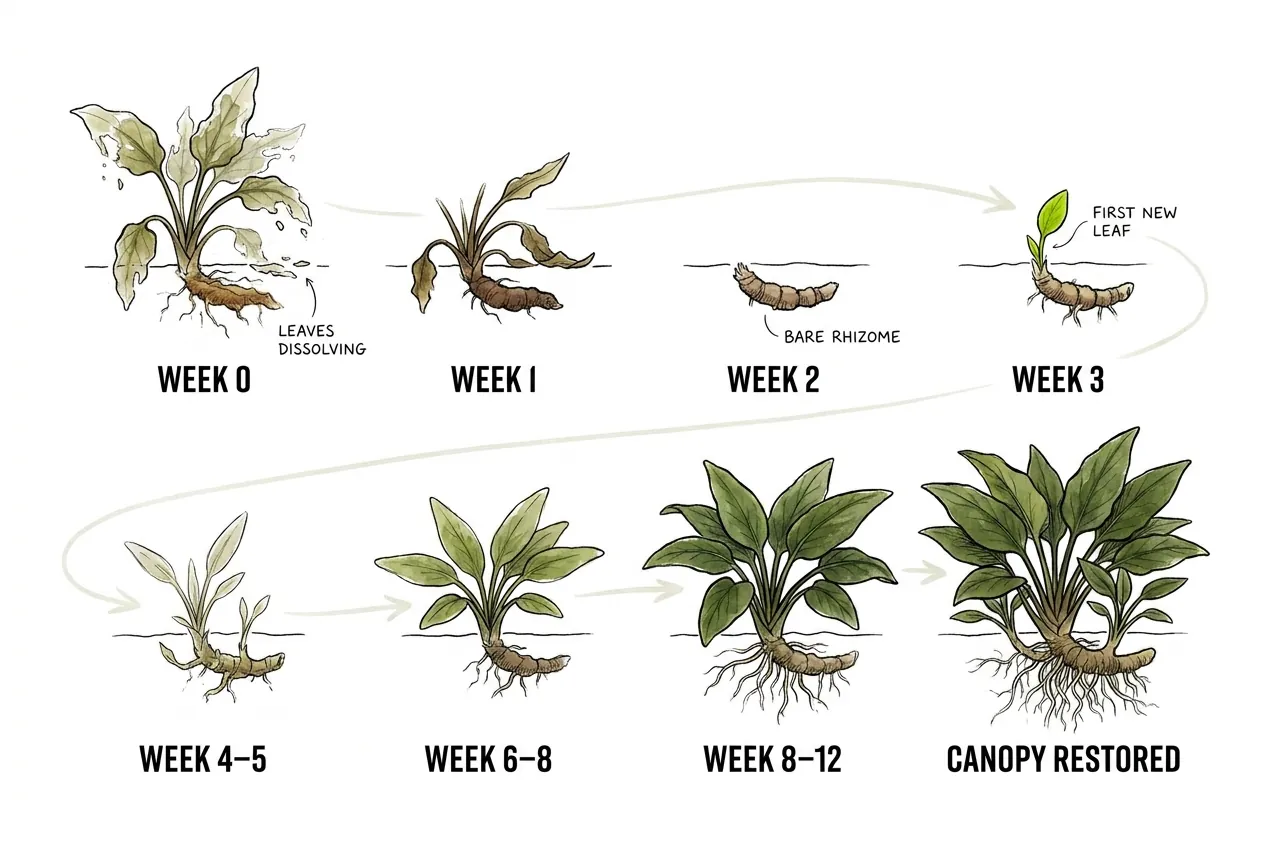 Eight-week recovery timeline from bare rhizome to restored crypt canopy