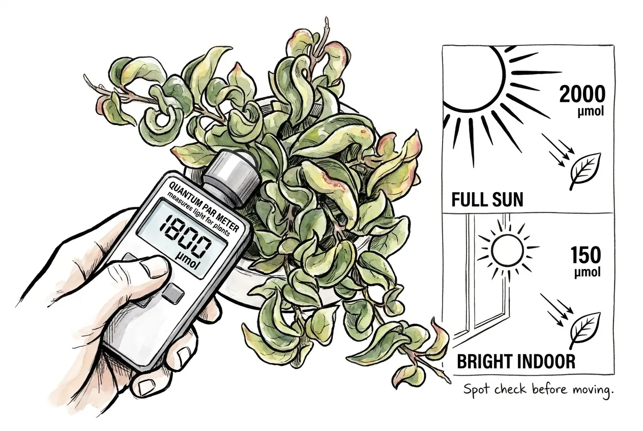 Quantum PAR meter reading PPFD at a plant's leaves