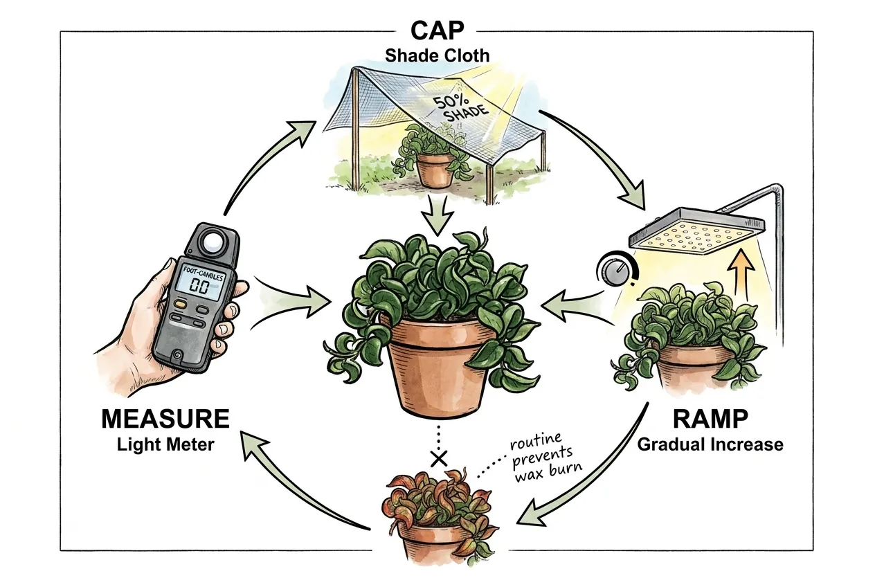 Measure, cap, and ramp loop preventing leaf light damage