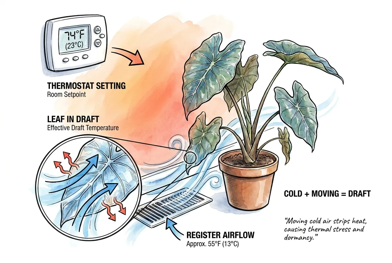 Cold 55F air streaming from a ceiling vent onto a plant below the 74F thermostat