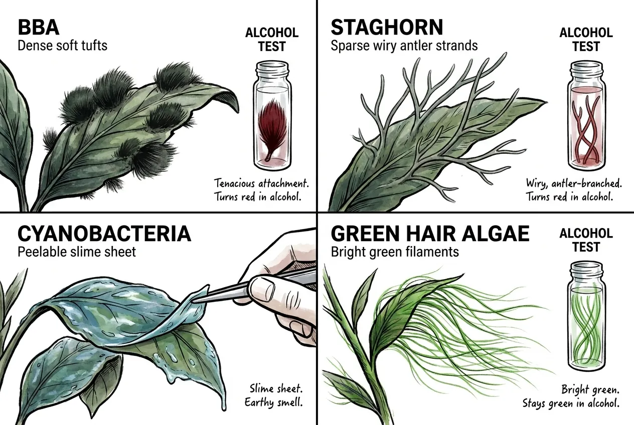 Bushy black beard tufts beside sparse staghorn strands and slimy cyanobacteria