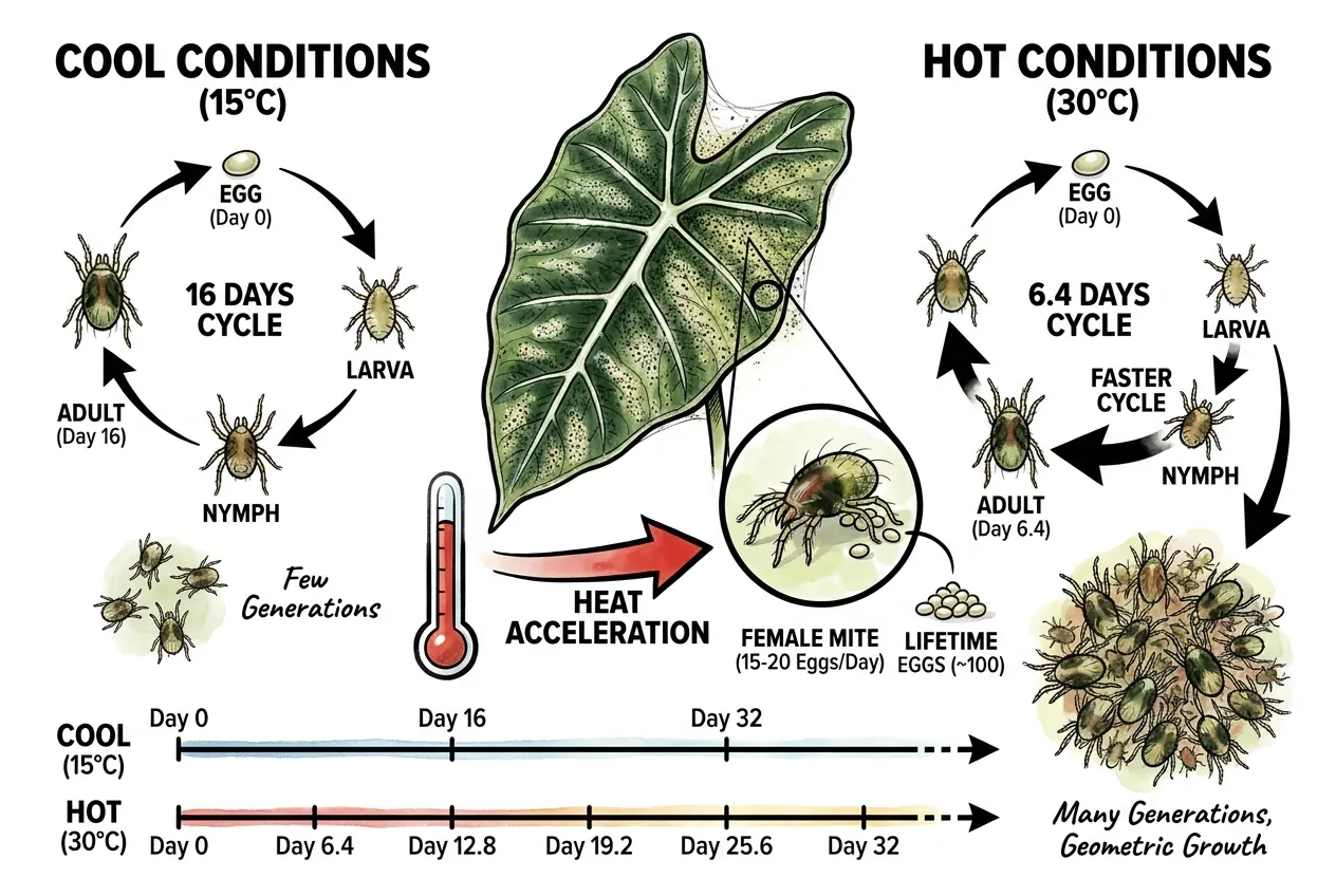 Spider mite egg-to-adult life cycle stages accelerating in summer heat