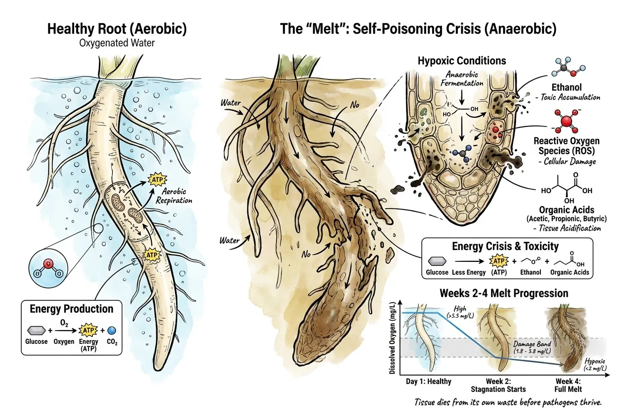 Diagram of aroid roots browning in low-oxygen LECA water as anaerobic conditions set in over the first weeks of a conversion