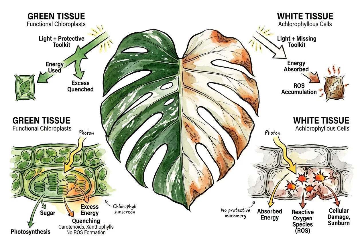 Sunlight hitting a white Monstera sector with no chloroplasts, energy turning into cell-damaging reactive oxygen