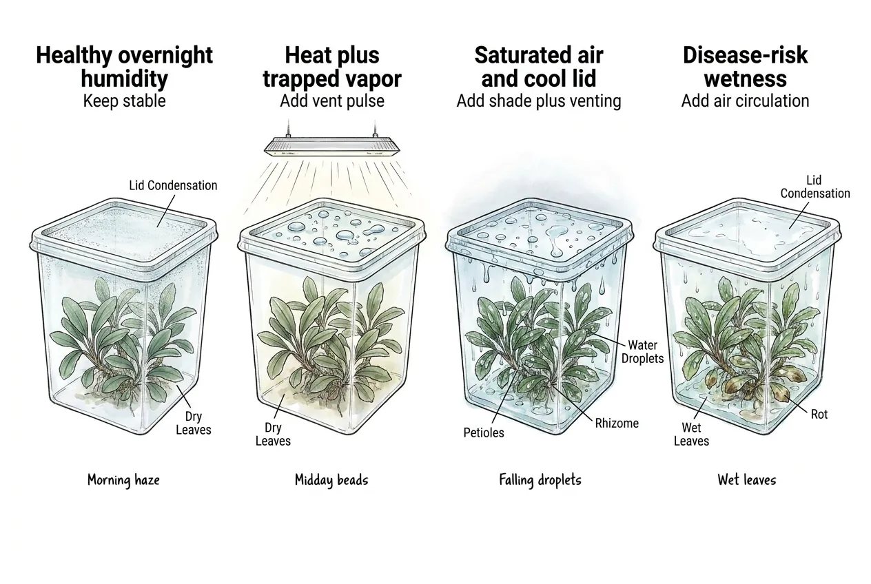 Lid condensation levels above Bucephalandra leaves