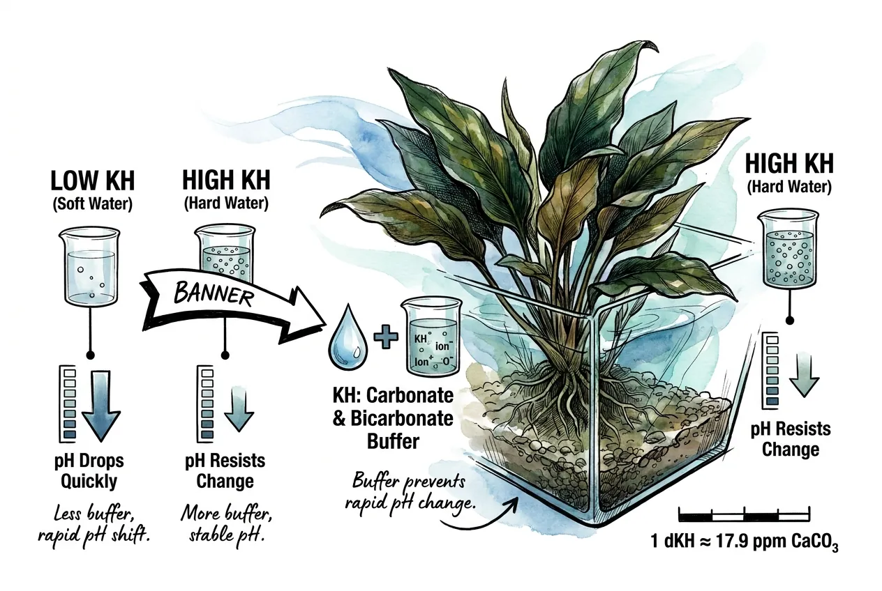 KH test tubes beside an Iwagumi planted aquarium stone layout