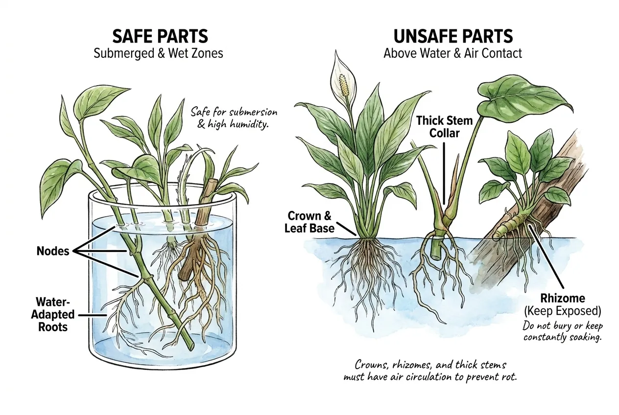 Plant crown above water with roots submerged