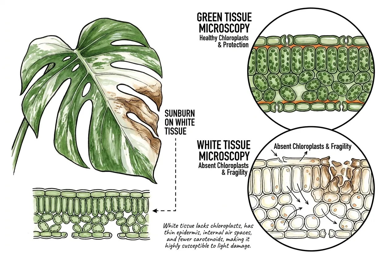 Green cell packed with chloroplasts beside an empty white sector cell holding no chlorophyll
