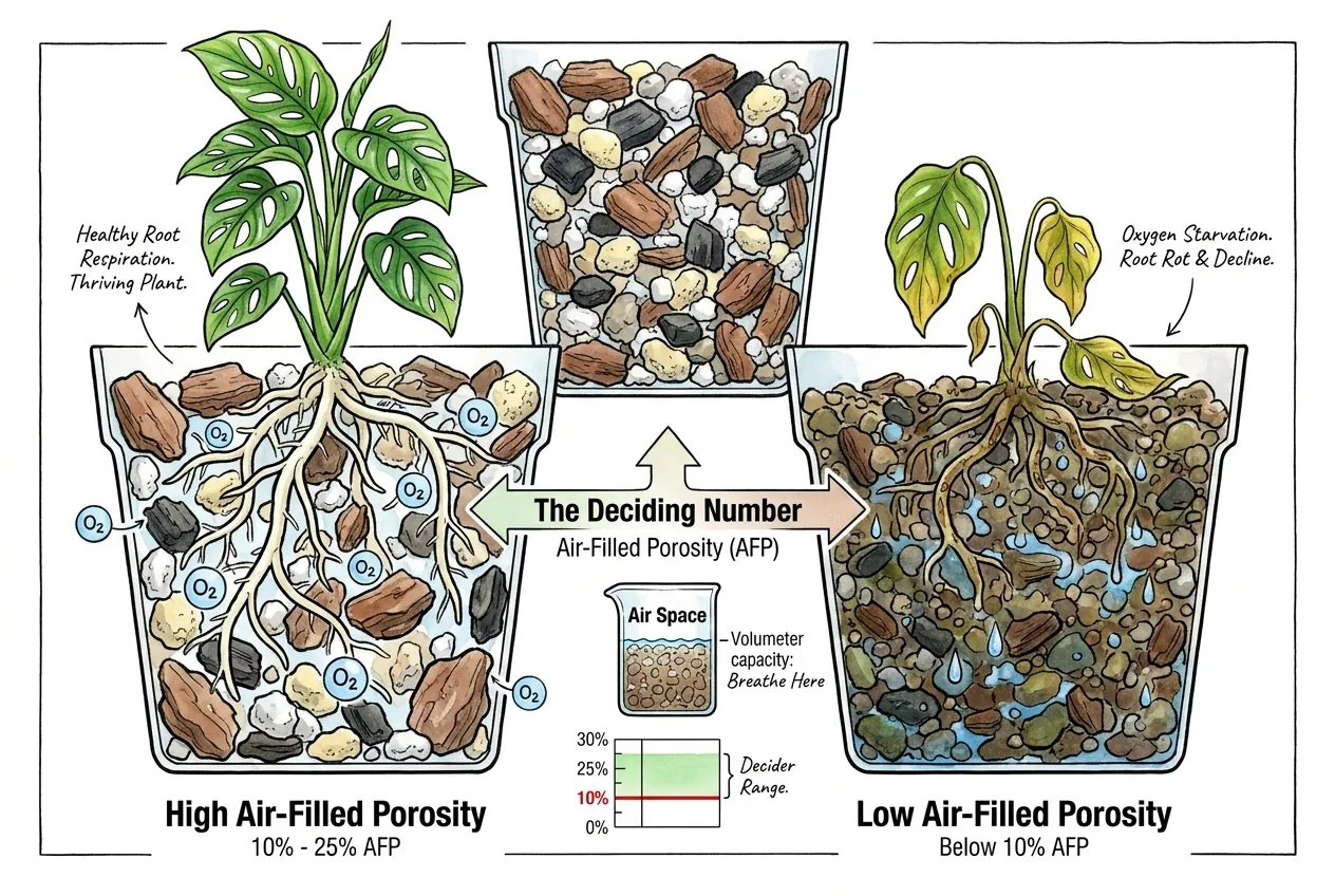 Air-filled porosity gauge with the safe 10-20% target band for aroid potting mix