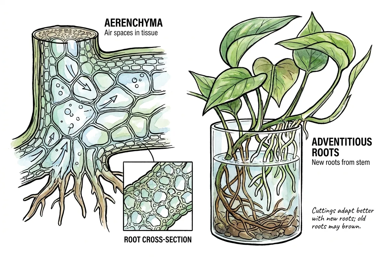 Water roots showing air channels and new node roots