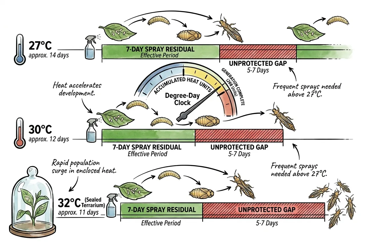 Heat units accumulating until 268 degree-days completes one thrips generation
