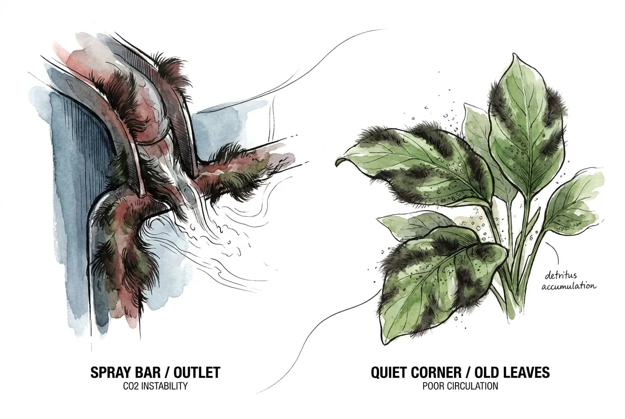 Black beard algae coating filter outlet and old Anubias leaf edges