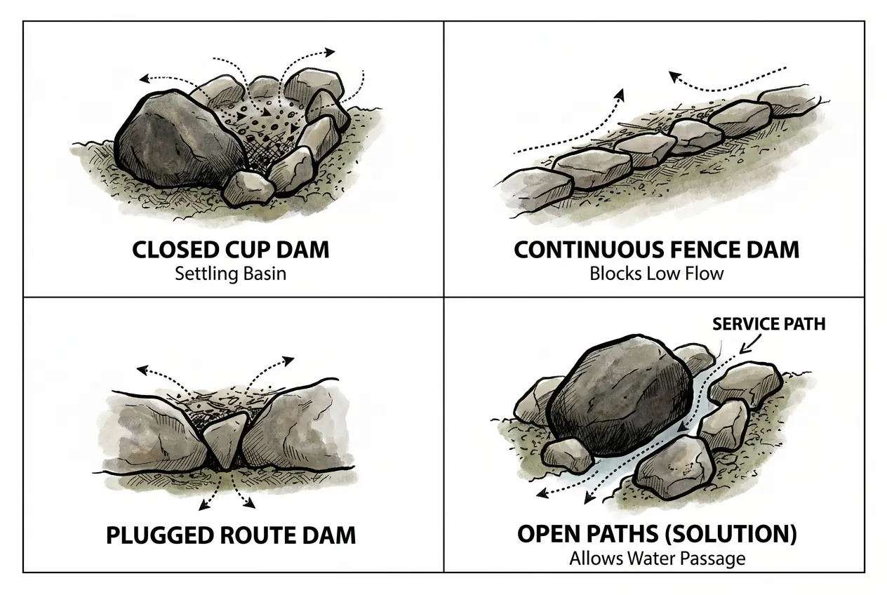 Supporting stones forming open gaps instead of debris cups