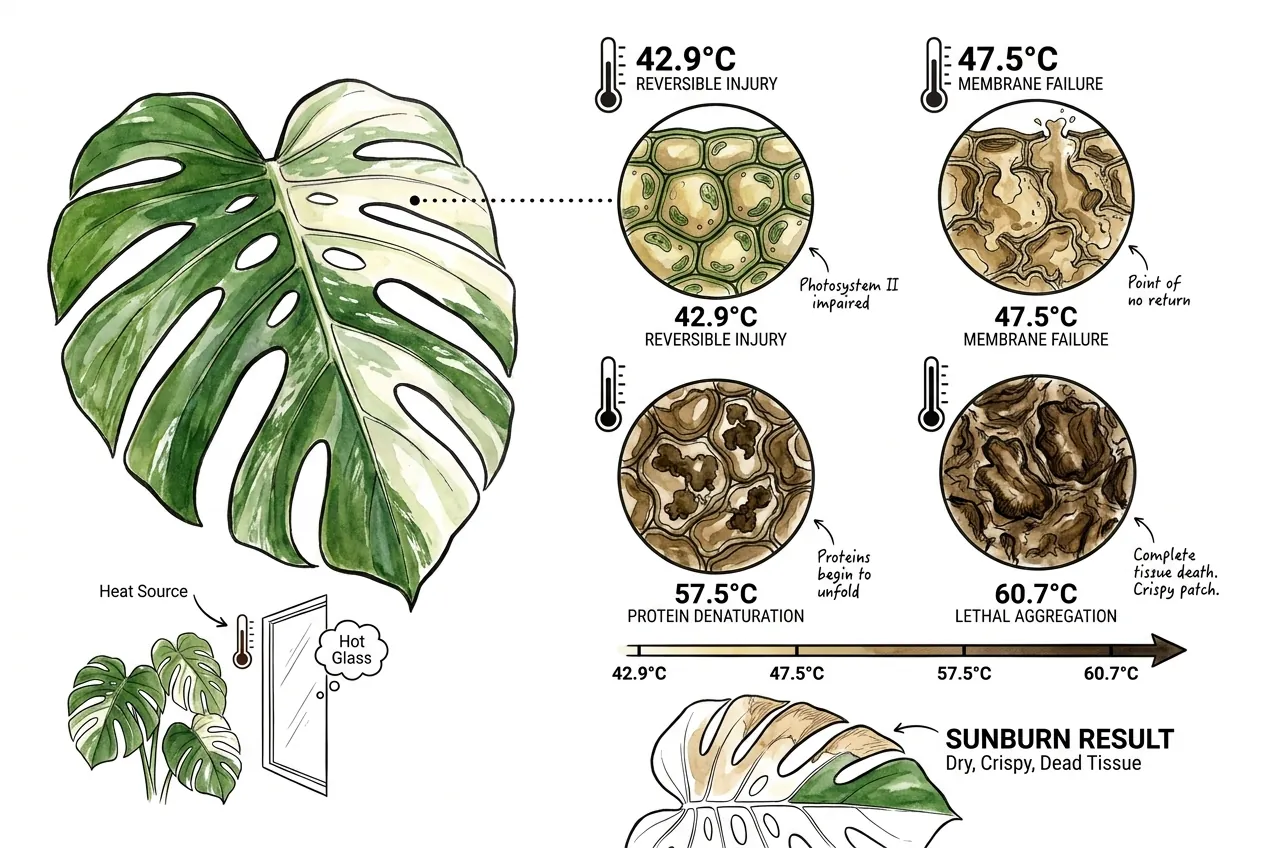 Leaf-temperature ladder showing membrane damage near 47.5C where a white sector cooks first