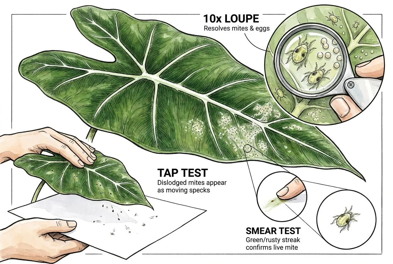 Hand lens over alocasia frydek leaf underside and white-paper tap test for spider mites