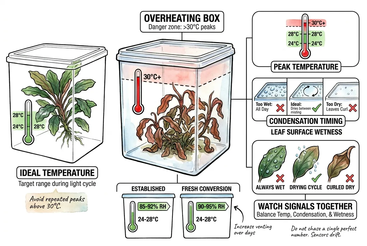 Temperature and humidity targets for Bucephalandra boxes