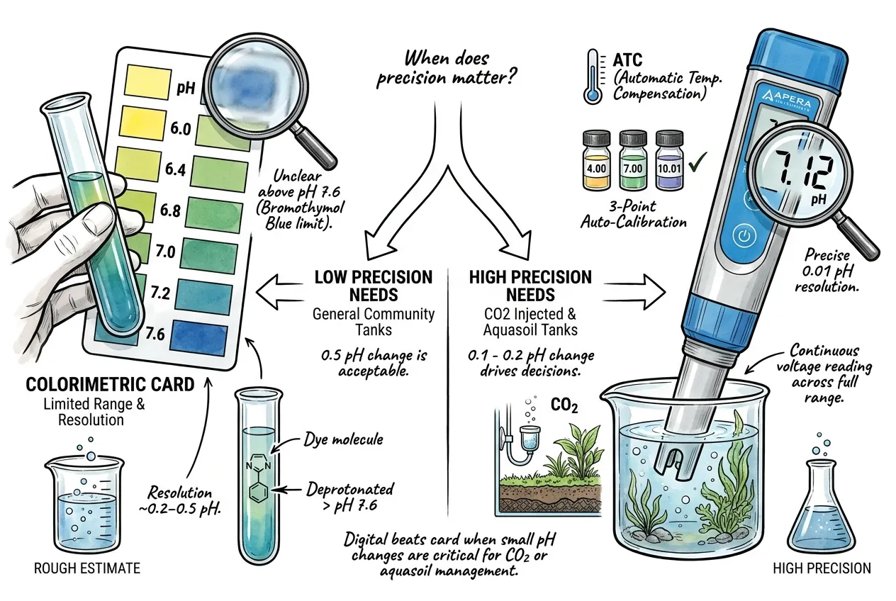 Colorimetric pH card saturating past 7.6 versus a precise digital pH pen