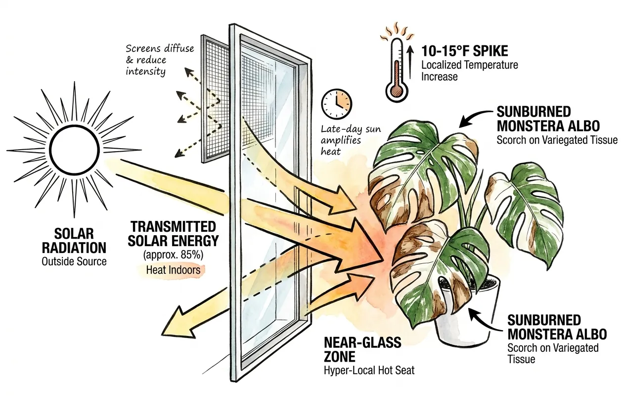 Sun streaming through window glass creating a hot zone on a Monstera Albo placed close to it