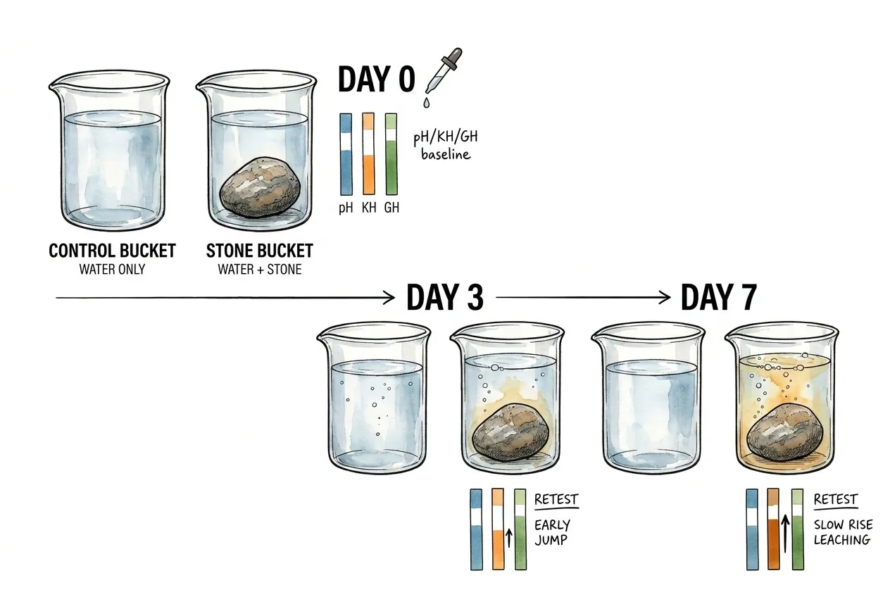 Control and stone buckets tested for pH, KH, and GH on days 0, 3, and 7