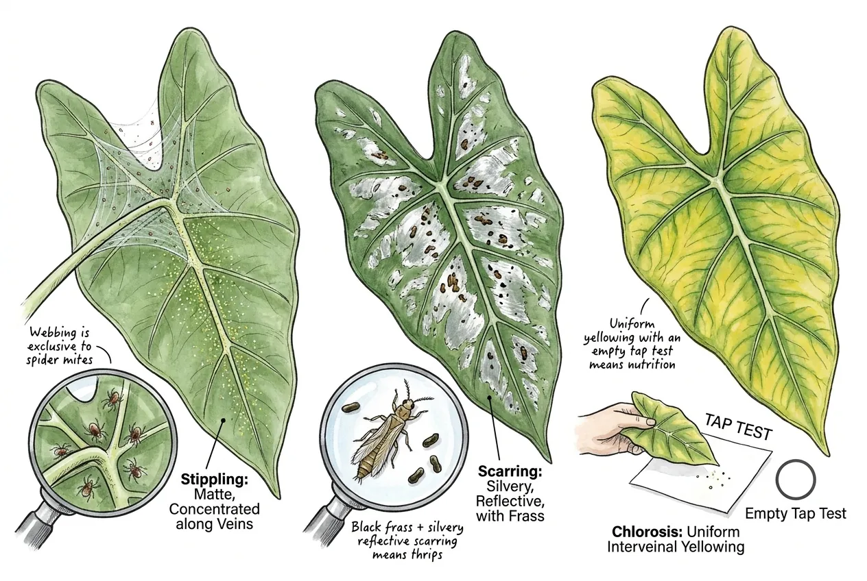 Comparing spider mite stippling, thrips scarring, and nutrient chlorosis on leaves