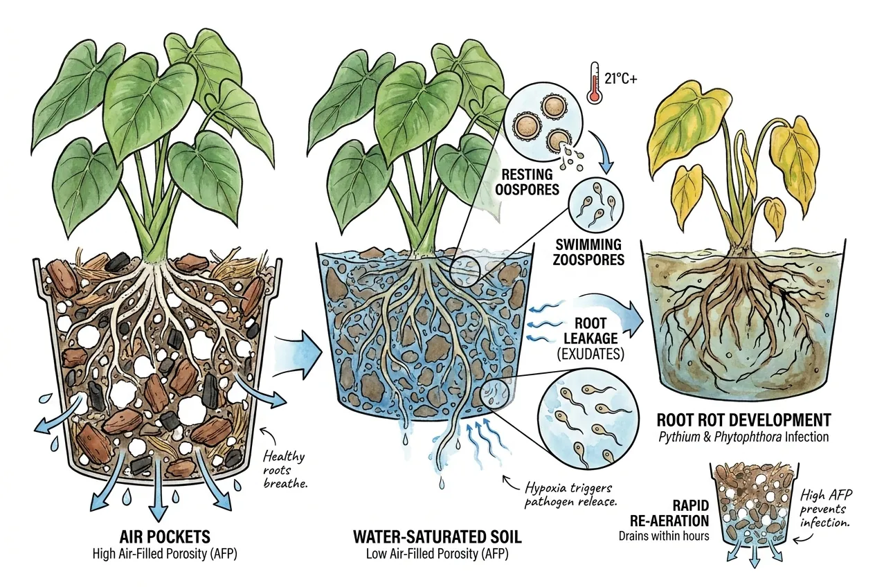 Chain from oxygen-starved roots leaking exudates to Pythium and Phytophthora root rot