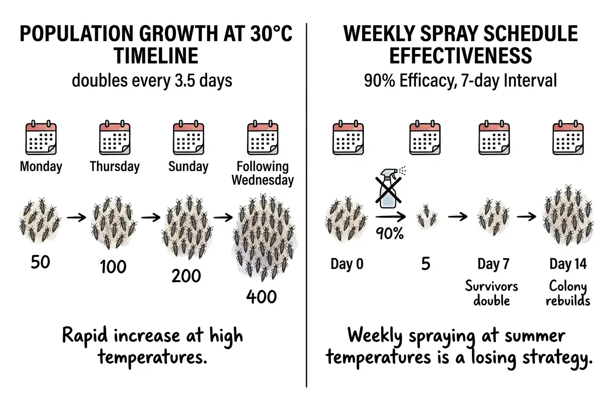 Two growth curves: thrips colony at 30 C reaching 2000 vs 100 at 20 C over 30 days