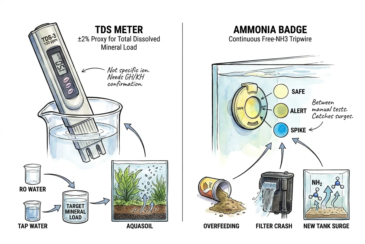 TDS meter for mineral load beside a Safe-Alert-Spike ammonia alert badge
