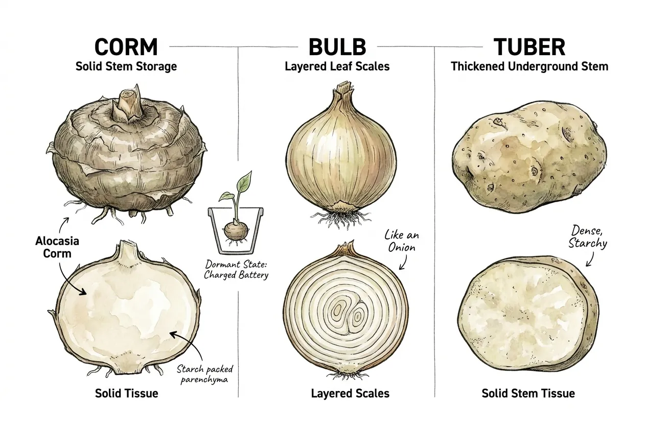 Solid Alocasia corm cross-section beside a layered bulb and a tuber
