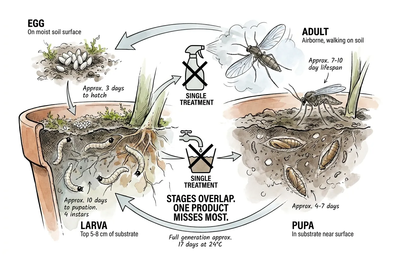 Fungus gnat life cycle mapped across a potted-soil cross-section by stage