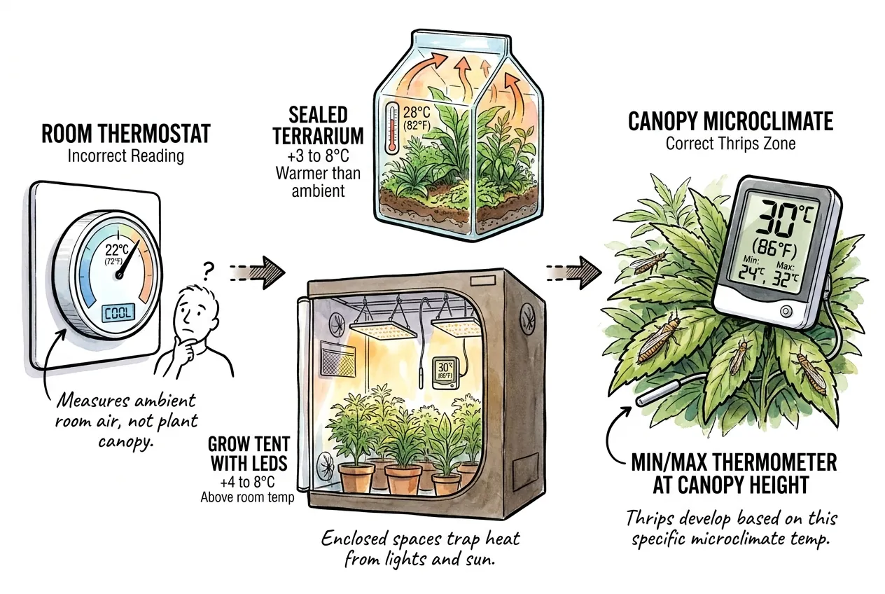 Sealed terrarium cross-section with canopy temperature 5 C warmer than external ambient