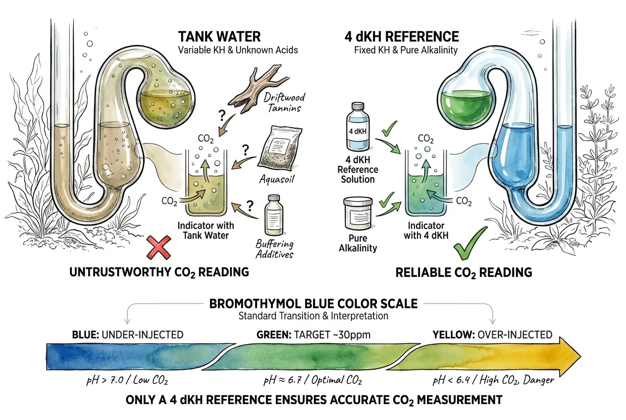 Drop checker comparison: unreliable tank water versus accurate 4 dKH reference on a color scale