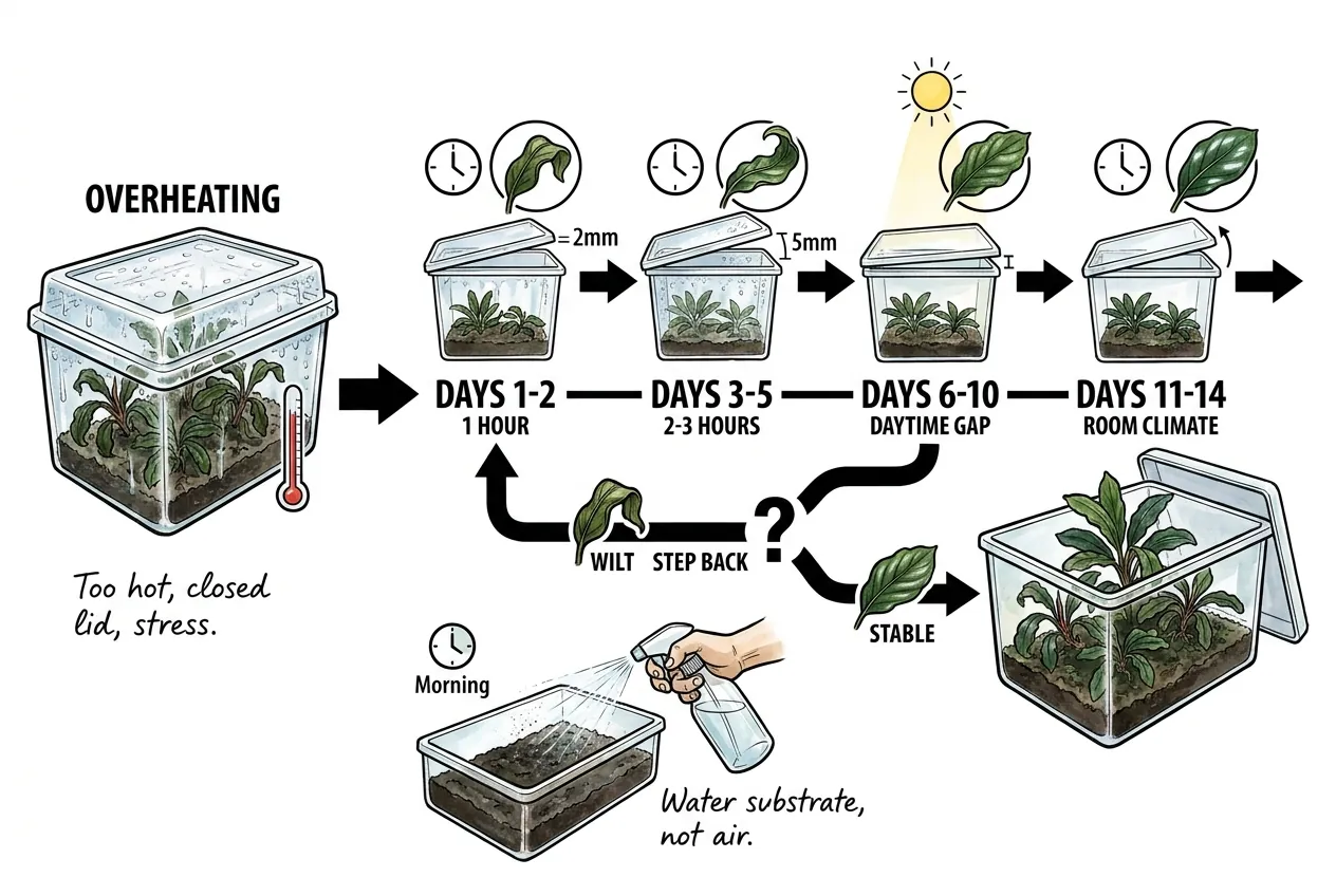 Staged lid opening schedule for emersed Bucephalandra