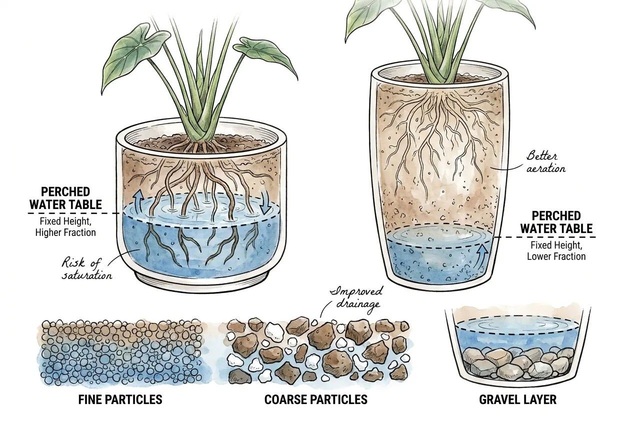 Fixed-height perched water table filling more of a short pot than a tall pot