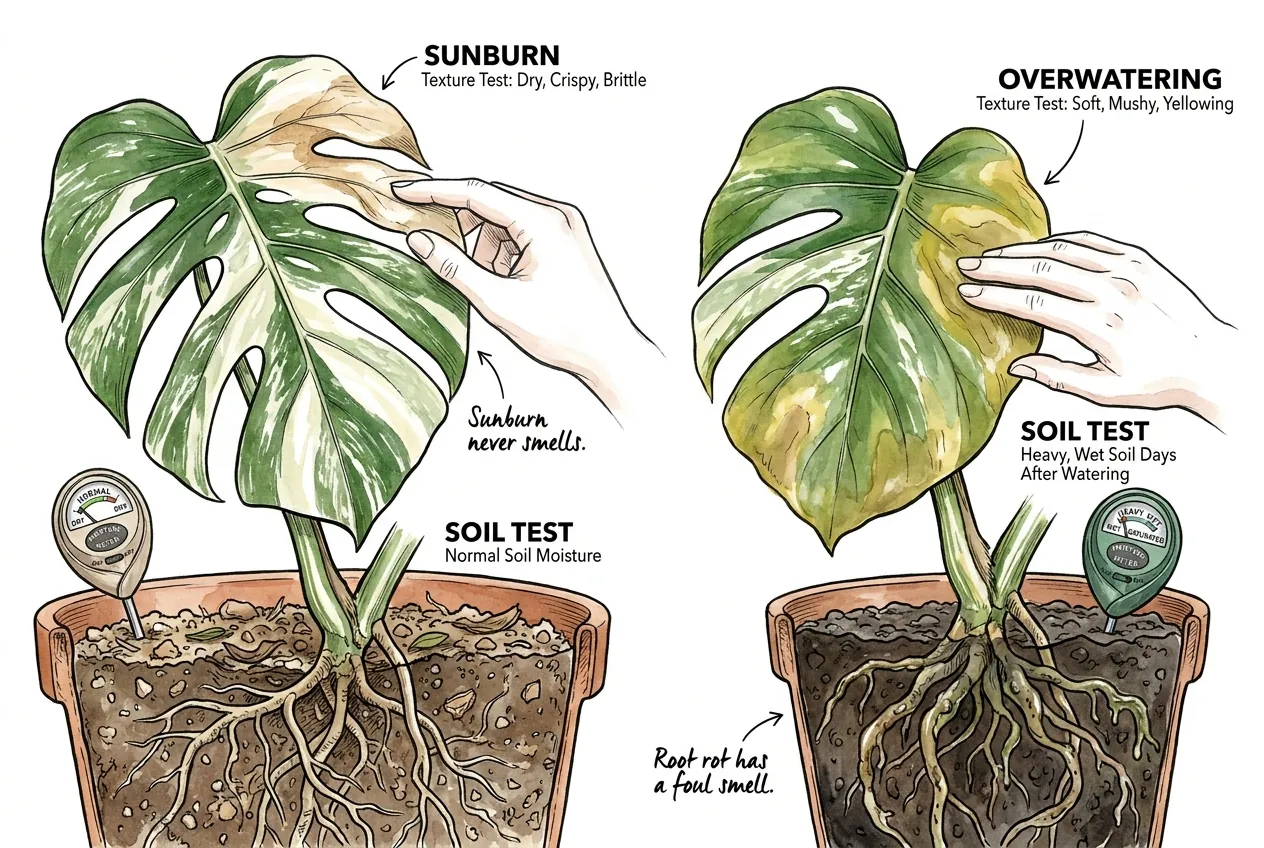 Crispy dry sunburn patch on a leaf versus soft yellow overwatering, with soil moisture check