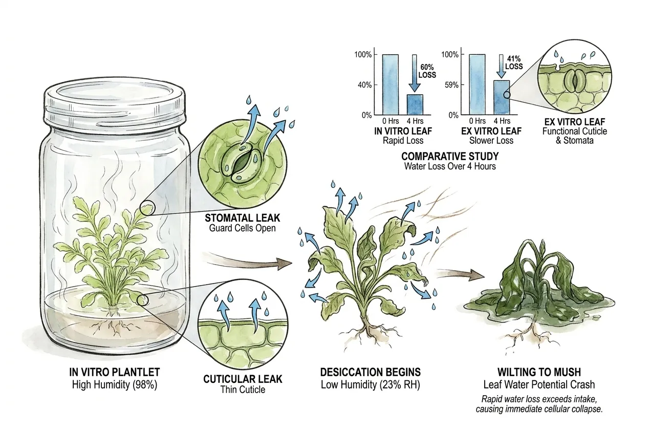 Labeled leaf with stuck-open stomata and thin cuticle losing water vapor