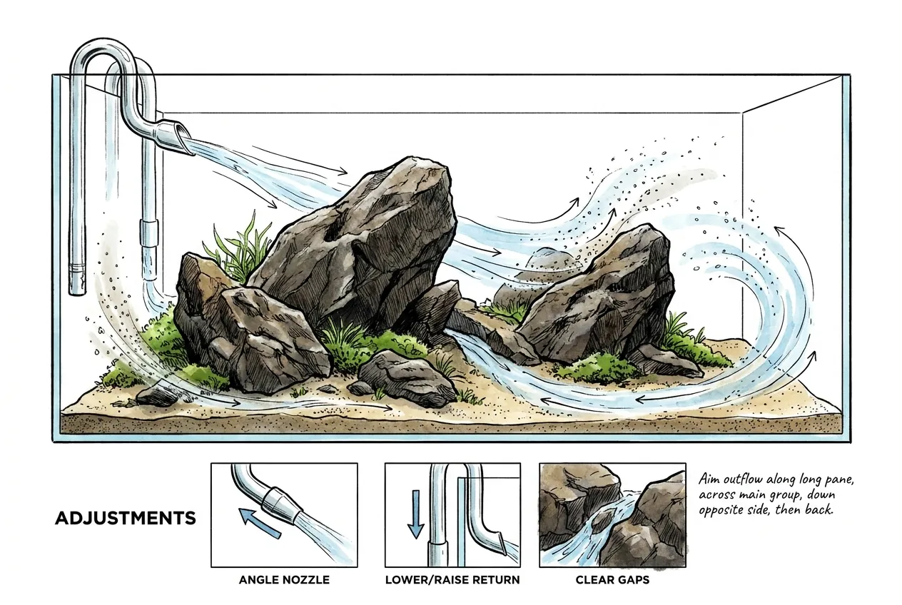Filter outflow loop sweeping behind Iwagumi stones