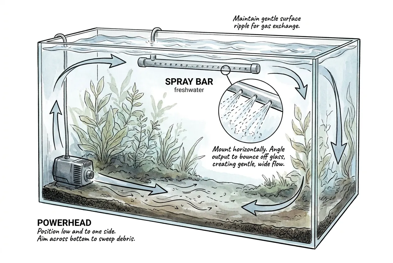 Spray bar and powerhead aimed to build rotating tank current