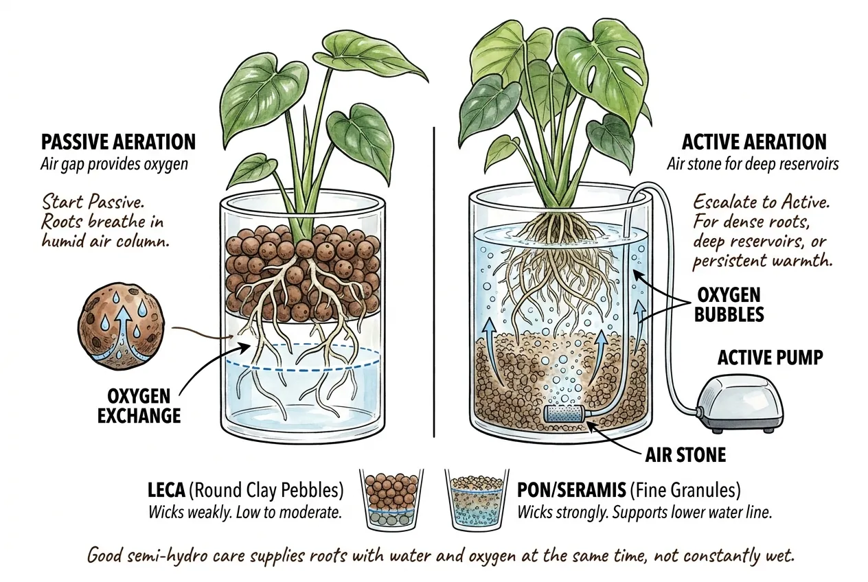 Passive air gap versus a small air pump aerating an aroid semi-hydro reservoir below the root mass