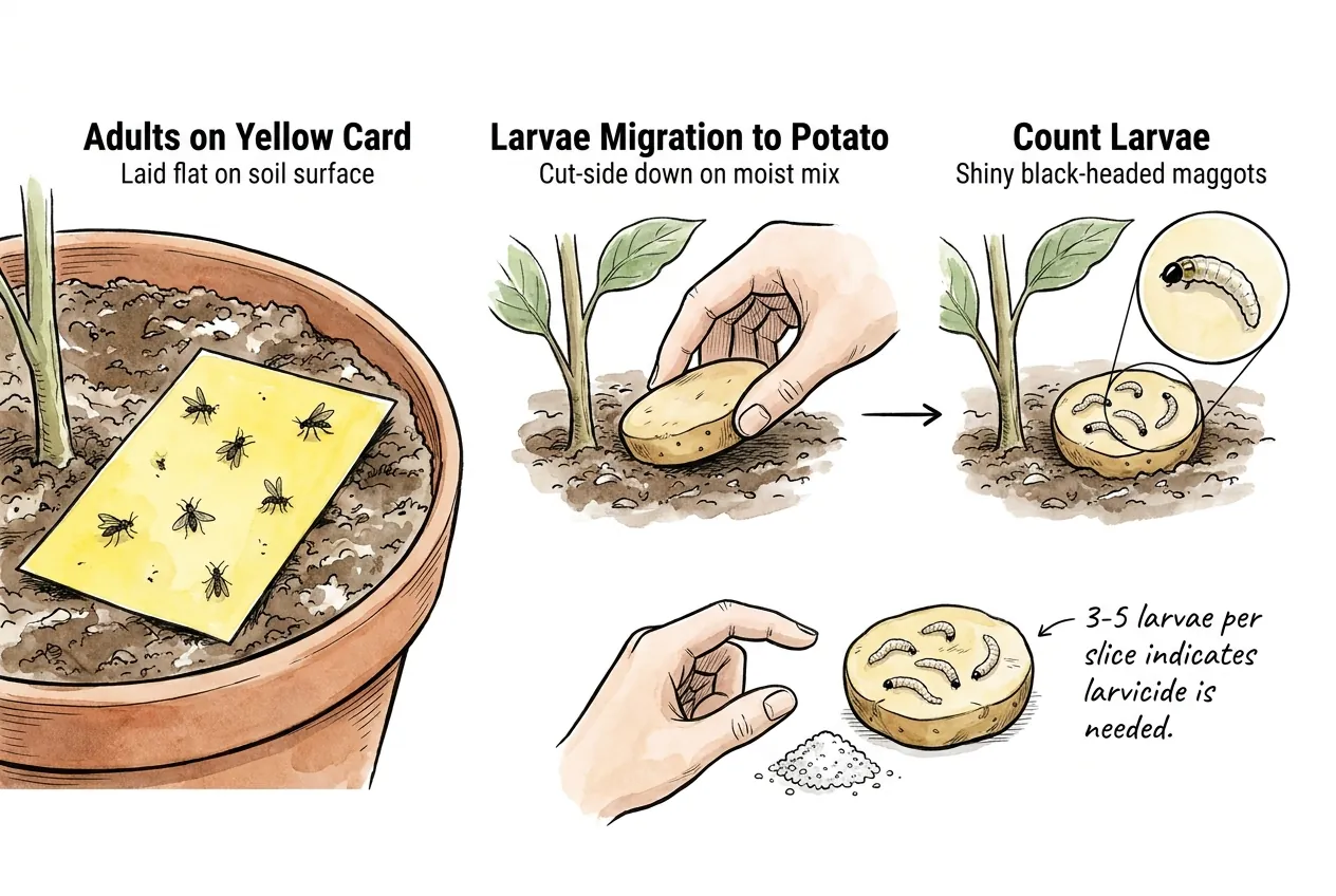 Yellow card and potato slice checking soil for fungus gnat larvae