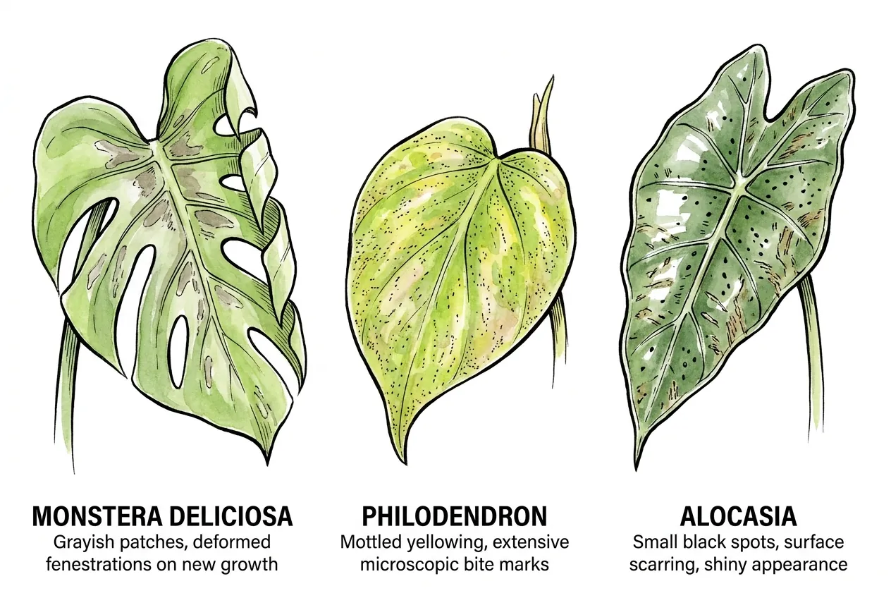 Three aroid leaves: Monstera with stippling, Philodendron with yellowing, Alocasia with black spots