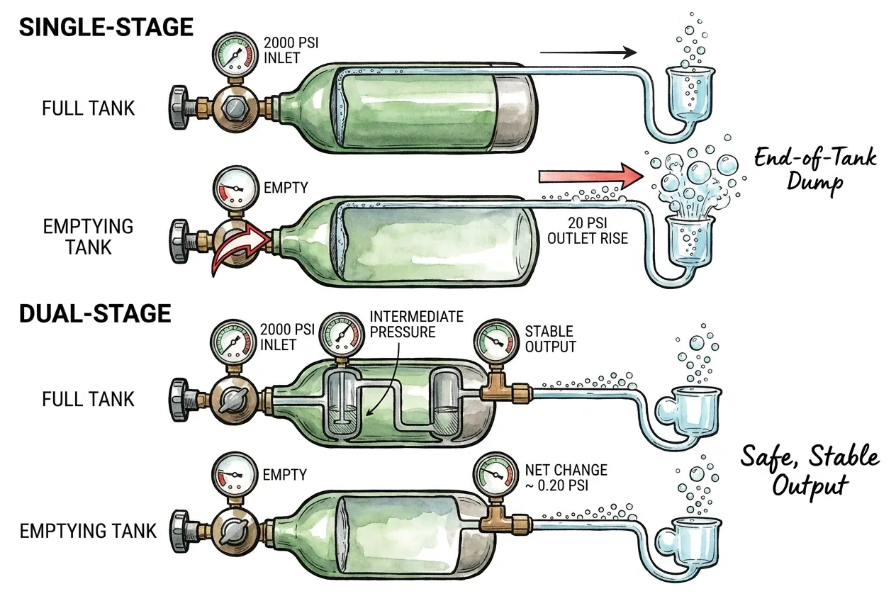 Single-stage regulator end-of-tank dump versus stable dual-stage aquarium CO2 output