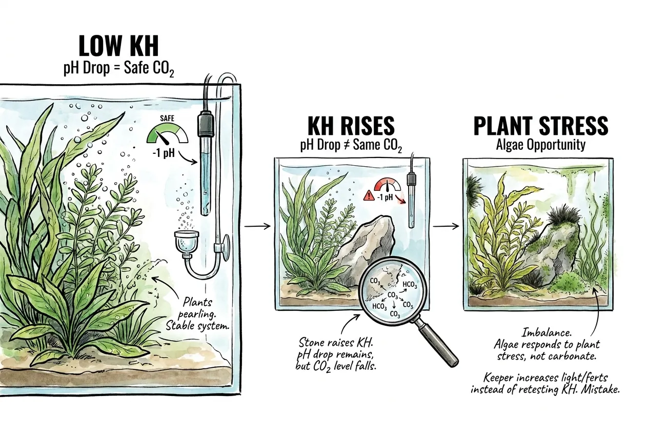 CO2 diffuser and pH drop chart beside carbonate stones in a planted tank