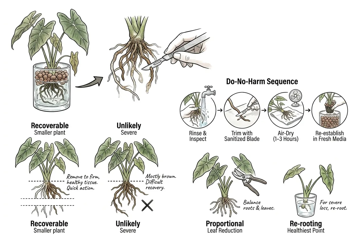 Sanitized scissors trimming soft rotted aroid roots back to firm tissue during a root rescue